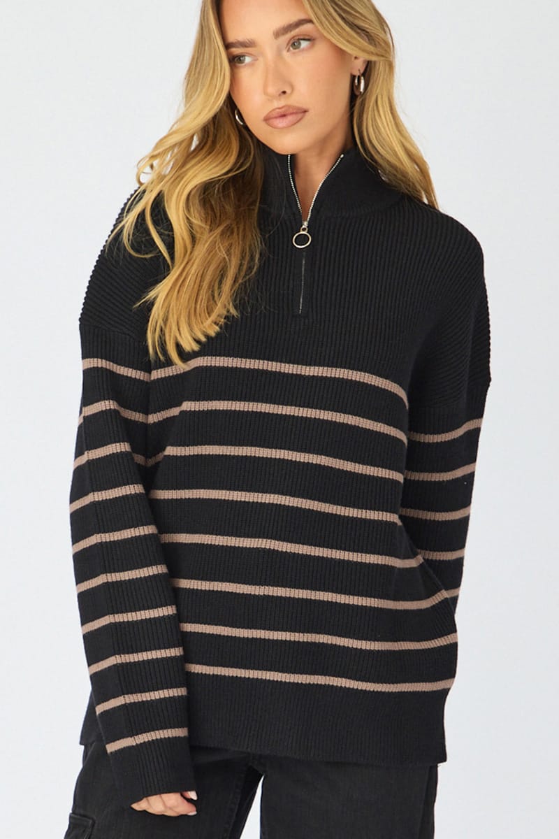 Black Stripe Stripe Quarter Zip Knit Fold Down Collar